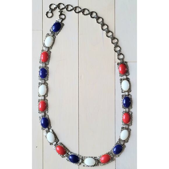 Southwestern Style Western Silver Belt Waist Chain Colorful with Cabochons - Picture 1 of 10